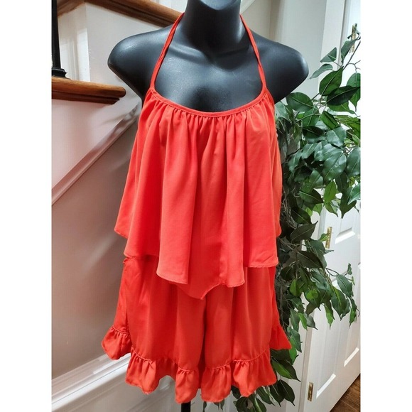 Boutique VAVA Women's Solid Red 100% Polyester Strappy Ruffle Romper Size Medium - Picture 6 of 11